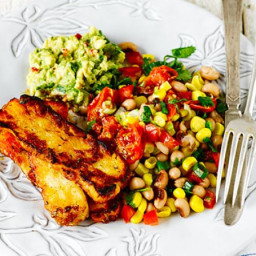 Cajun grilled halloumi with lime black-eyed bean salad and guacamole