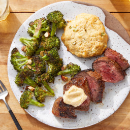 Cajun-Spiced Steaks & Biscuits with Roasted Broccoli & Maple Butter