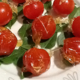 Candied Tomatoes on Basil Leaves