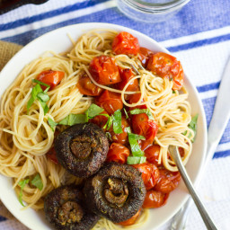 Capellini with Spicy Cherry Tomato Sauce & Blackened Mushrooms