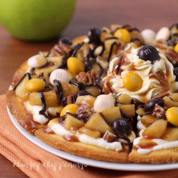 Caramel Apple Cake Chip Nachos Topped with M and M's® Pecan Pie