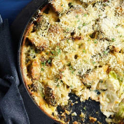 Caramelised leek and brussels sprouts gratin