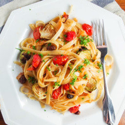 Caramelized Onion Fettuccine with Smoked Cherry Tomatoes and Pickled Raisin