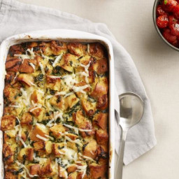 Caramelized Onion, Spinach and Gruyere Strata with Sauteed Cherry Tomatoes