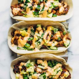 Caramelized Pork Tacos with Pineapple Salsa and Chili Sauce