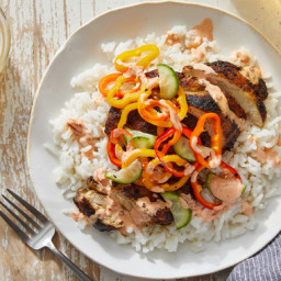 Caribbean-Spiced Chicken Thighs with Coconut Rice & Sambal Mayo
