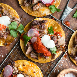 Carnitas Tostadas with Hatch Red Chile Salsa