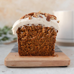 carrot cake loaf with brown butter cream cheese frosting