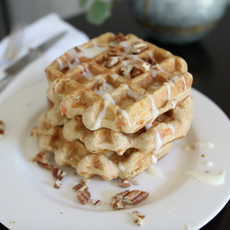 Carrot Cake Waffles with Maple Cream Cheese Frosting & Pecans