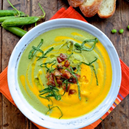 CARROT PEA SOUP W/ PANCETTA, BASIL and MINT