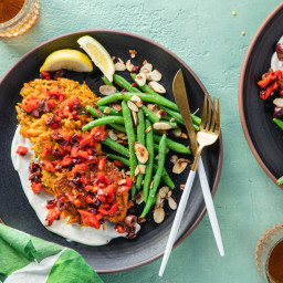 Carrot Socca Cakes with Green Beans Almondine & Olive Relish