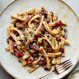 Casarecce with Sausage, Pickled Cherries and Pistachios