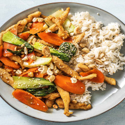 Cashew Chicken Stir-Fry with Baby Bok Choy, Carrots, and Jasmine Rice
