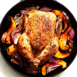 Cast-Iron Roast Chicken with Winter Squash, Red Onions, and Pancetta