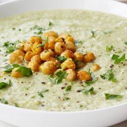 Cauliflower and broccoli soup with crispy curried chickpeas
