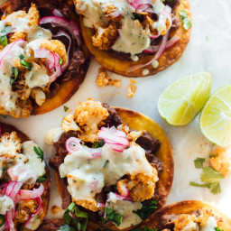 Cauliflower Black Bean Tostadas with Queso and Pickled Onion