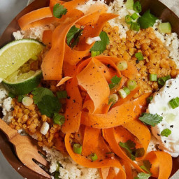 Cauliflower Rice Bowl with Curried Lentils, Carrots and Yogurt