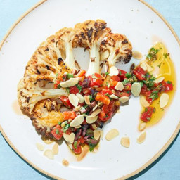 Cauliflower steaks with roasted red pepper and olive salsa