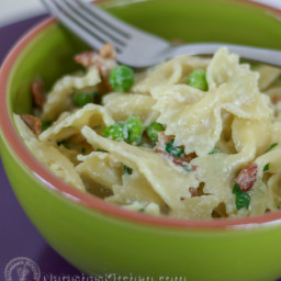 Celebration Part I: Creamy farfalle with peas and bacon