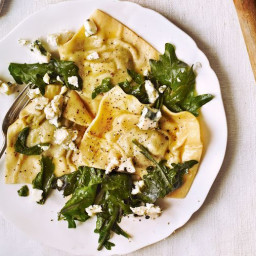 Celeriac and sage ravioli with kale and blue cheese recipe