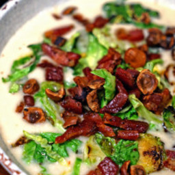 Celery Root Soup with Pancetta, Brussels Sprouts and Toasted Hazelnuts