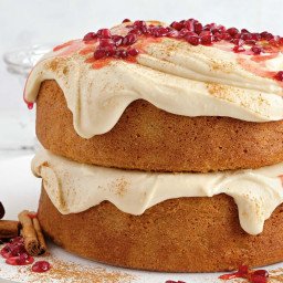 Chai cake with ginger cream-cheese icing and pomegranate syrup