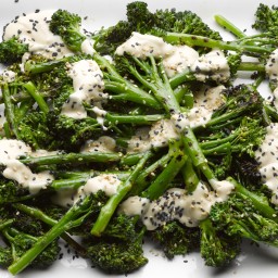 Char-grilled sprouting broccoli with sweet tahini