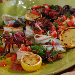 Charcoal Grilled Shrimp and Calamari with Grilled Lemons and Smoked Tomato-