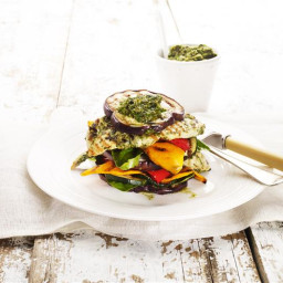 Chargrilled chicken and vegie stack with salsa verde