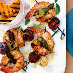 Chargrilled prawn and asparagus skewers with burnt orange