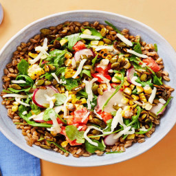 Charred Corn Elote Bowls with Farro, Spiced Pepitas, and Chipotle-Lime Dres
