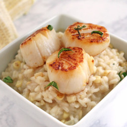Charred Corn Risotto with Scallops and Butter Fried Basil