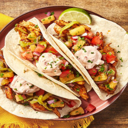 Charred Pineapple Chicken Tacos with Smoky Red Pepper Crema