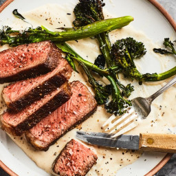 Charred Steak and Broccolini with Cheese Sauce