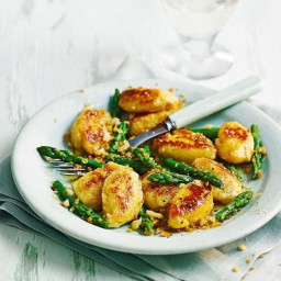 Cheat's ricotta gnudi with asparagus and crumbs