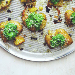 Cheddar and Chive Smashed Potatoes with Garlic Sweet Pea Mash