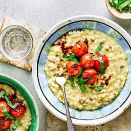 Cheddar and spring onion risotto with balsamic tomatoes