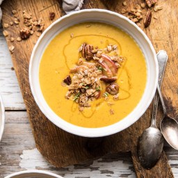 Cheddar Apple Butternut Squash Soup with Cinnamon Pecan Crumble