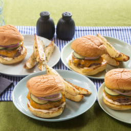 Cheddar Cheeseburgerswith Quick Pickles and Thyme-Roasted Oven Fries