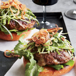 Cheddar-Stuffed Burgers with Pickled Slaw and Fried Shallots
