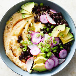 Cheese Grits With Saucy Black Beans, Avocado and Radish