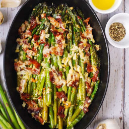 Cheesy Baked Asparagus with Gruyere cheese, Garlic, and Bacon