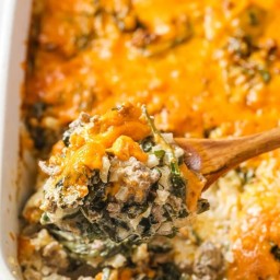 cheesy beef casserole with cauliflower rice and spinach