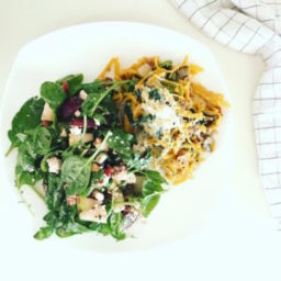 Cheesy Butternut Squash Noodles with Bacon, Spinach and Mushrooms