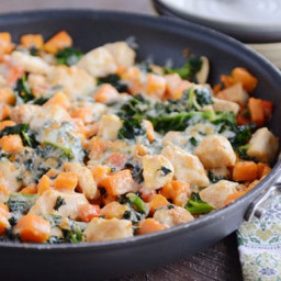 Cheesy Chicken, Kale and Sweet Potato Skillet Meal