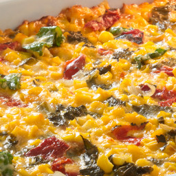 Cheesy Corn Casserole with Kale and Roasted Red Peppers