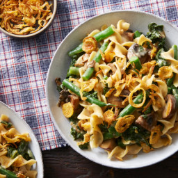 Cheesy Egg Noodles with Mushrooms & Crispy Onions