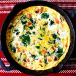 Cheesy Frittata with Bacon, Peppers, Spinach, and Onion