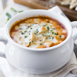Cheesy Grilled Chicken Parmesan Soup with Fusilli Pasta and Fresh Basil