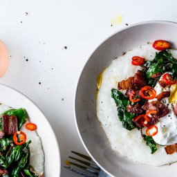 Cheesy Grits with Poached Eggs, Greens, and Bacon